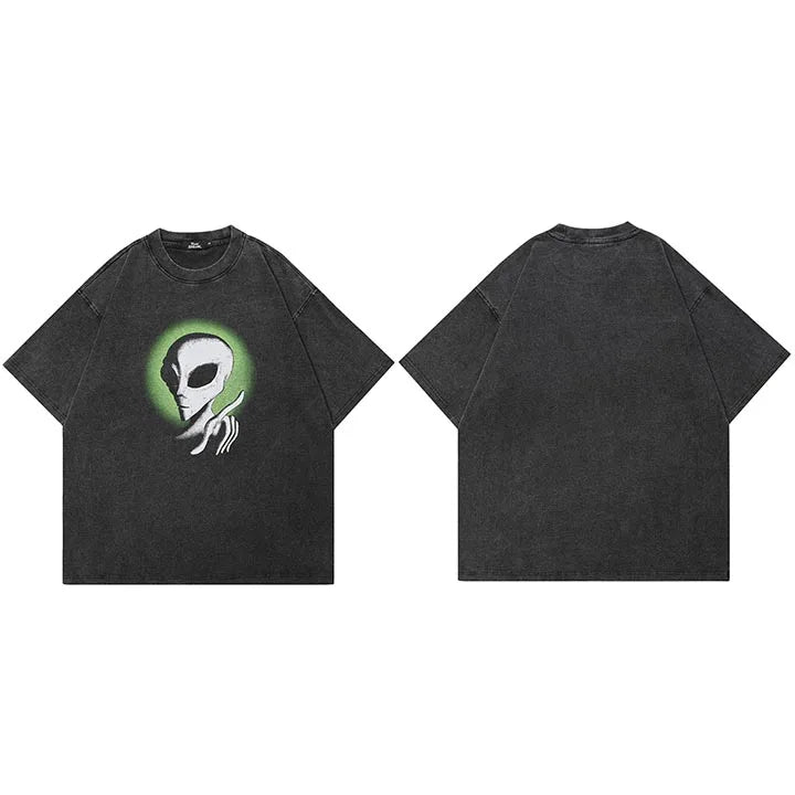 Retro Black Alien Washed T-Shirt — side view
