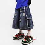 Wide Vintage Blue Ripped Loose Denim Shorts — front view