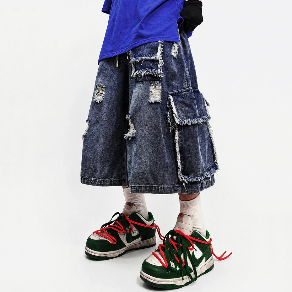 Wide Vintage Blue Ripped Loose Denim Shorts — front view
