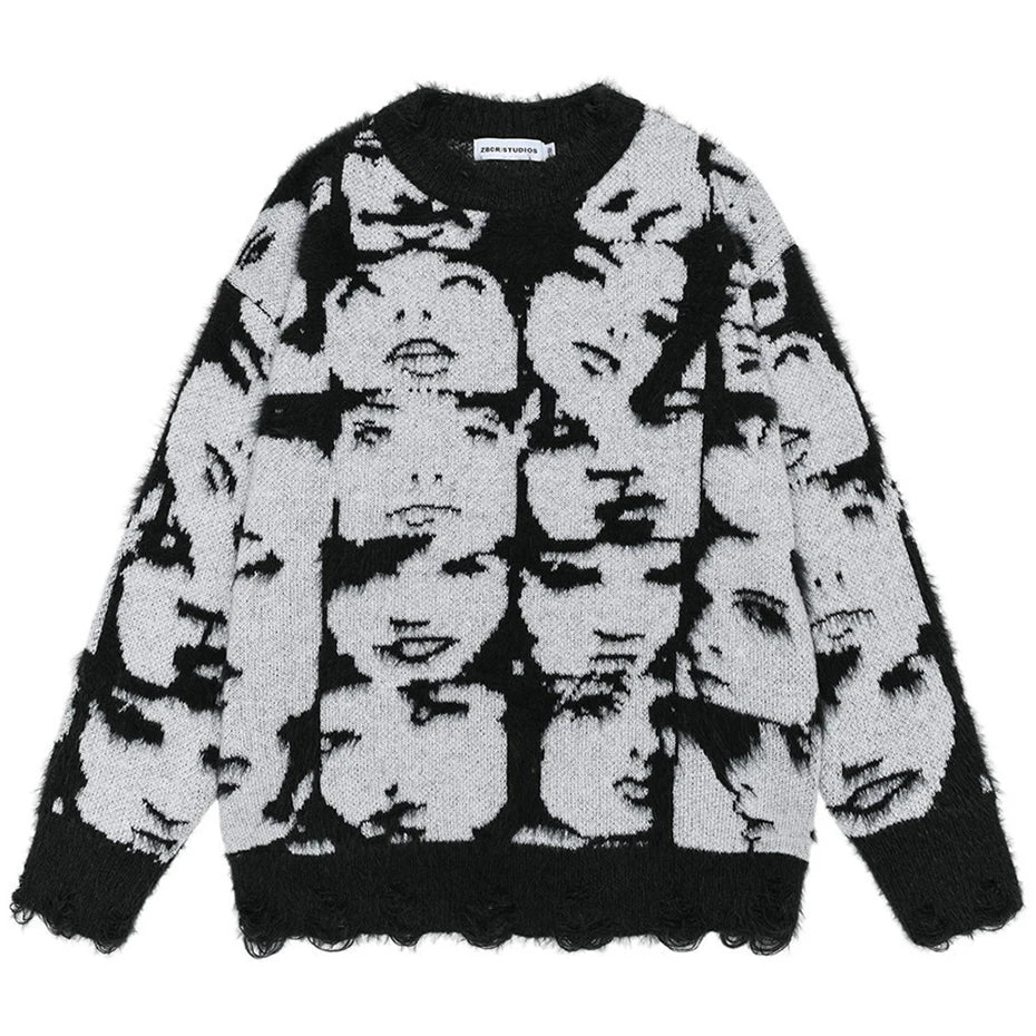 Y2K Face Graphic Knit Oversized Sweater — styling shot