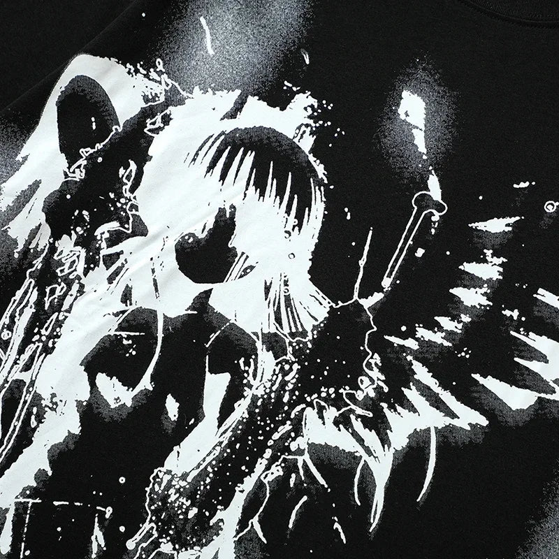Y2K Black Anime Cartoon Graphic T-Shirt — fabric close-up