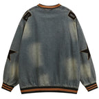 Vintage Letter Star Embroidered Denim Oversized Hoodie — front view