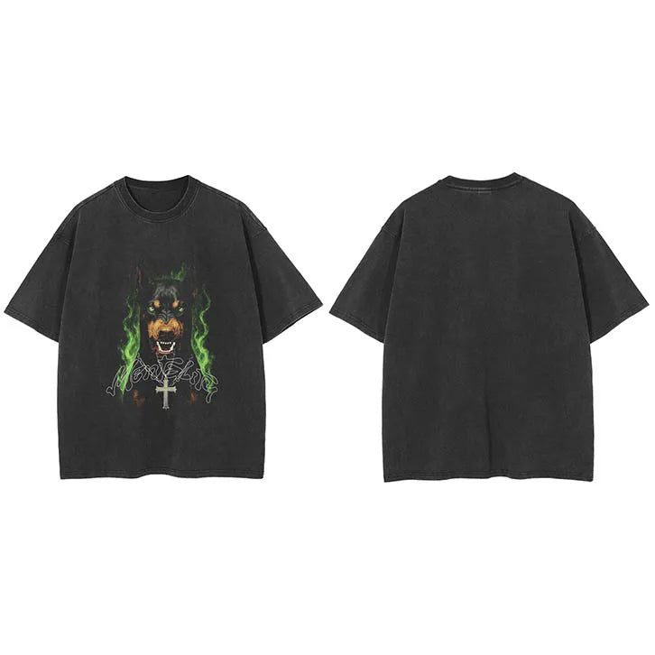Print Black Doberman Dog Faded T-Shirt — fit shot