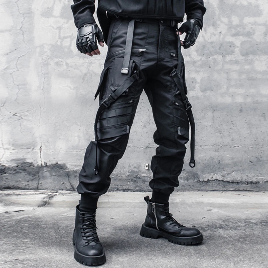 Punk Black Spliced Cargo Pants — back view