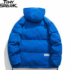 Blue Letter Hooded Puffer Jacket — back view