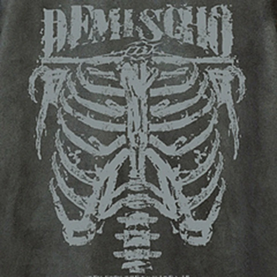 Vintage Skeleton Graphic Suede Loose T-Shirt — fabric close-up