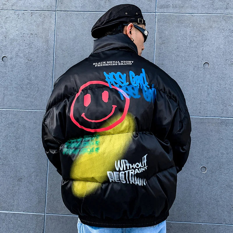 Graffiti Print Puffer Jacket — fabric close-up