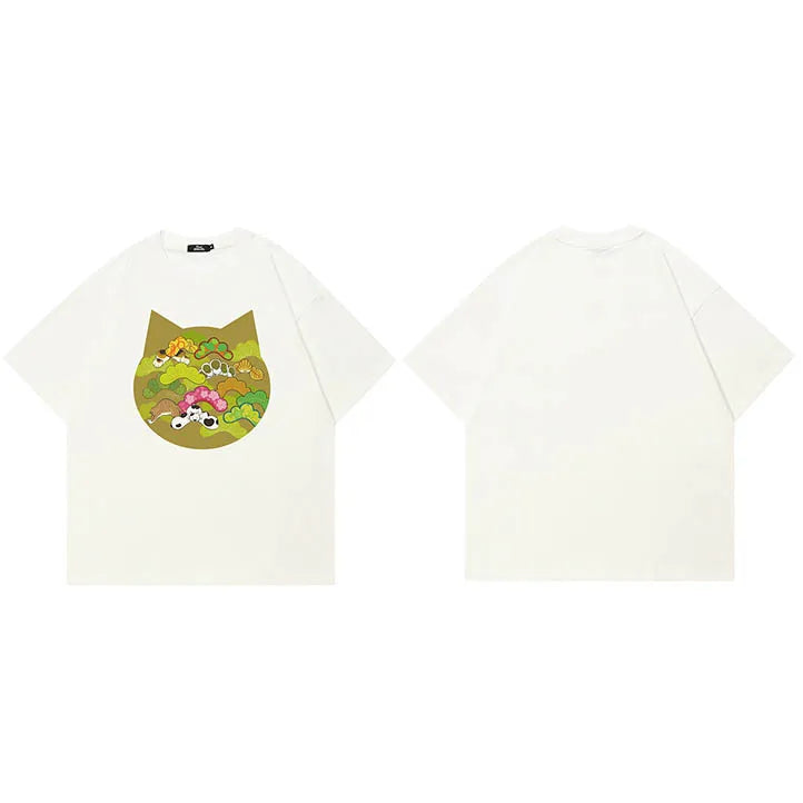 Y2K White Cartoon Cats Graphic T-Shirt — side view