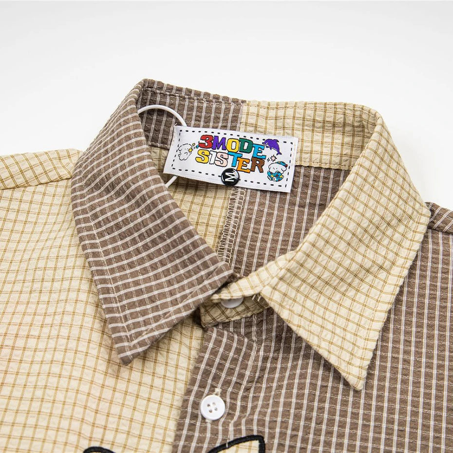 Vintage Cat Plaid Graphic Oversized Shirt — back view