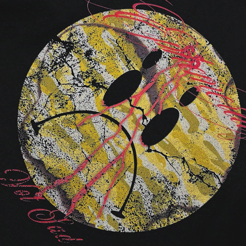 Vintage Black Graffiti Sad Face Graphic Hoodie — front view