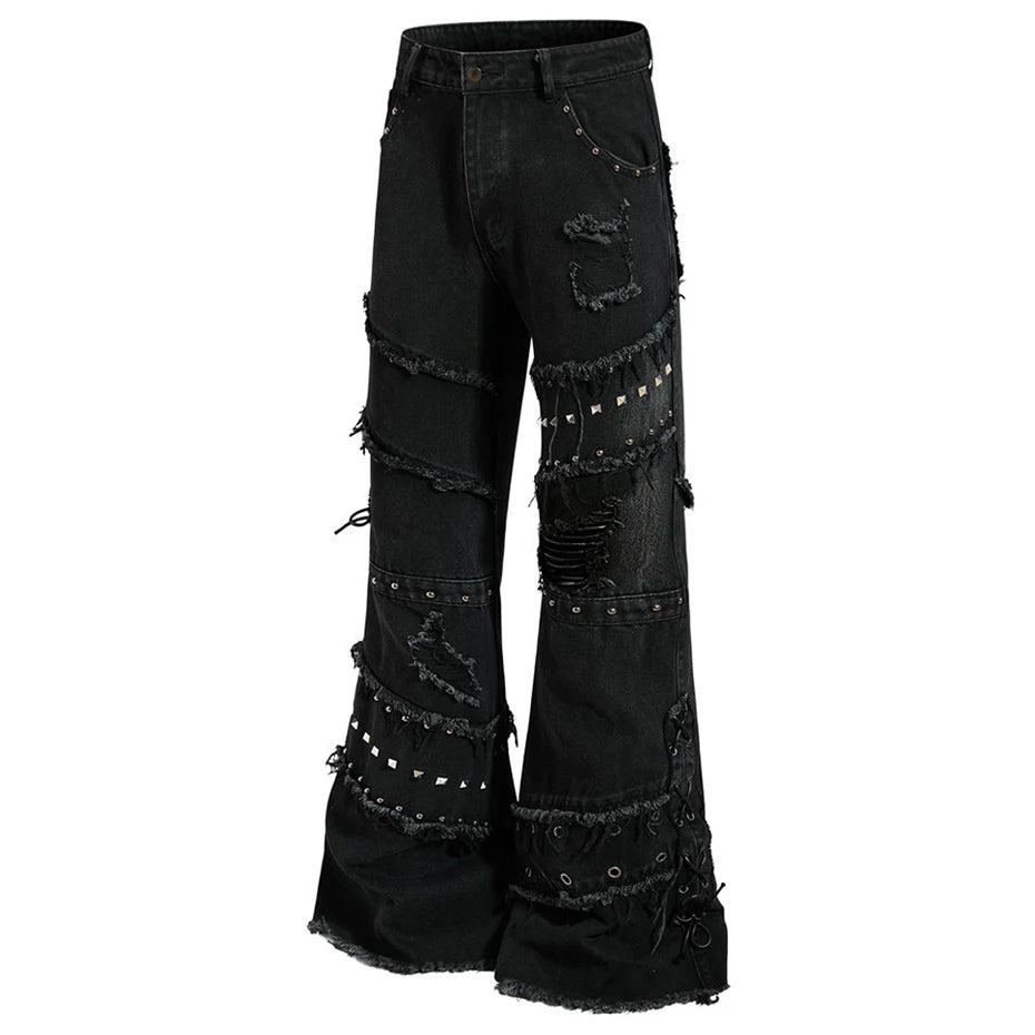 Punk Black Patchwork Denim Jeans — front view