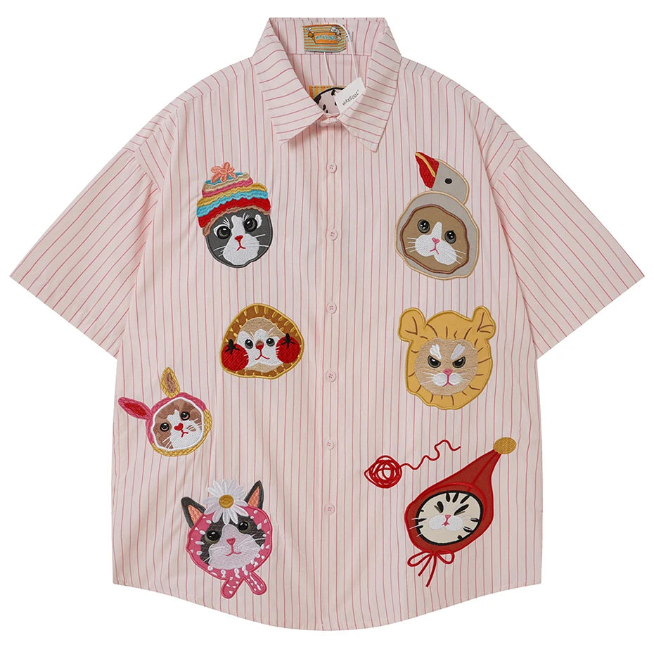 Patchwork Vintage Cat Graphic Oversized Shirt — back view