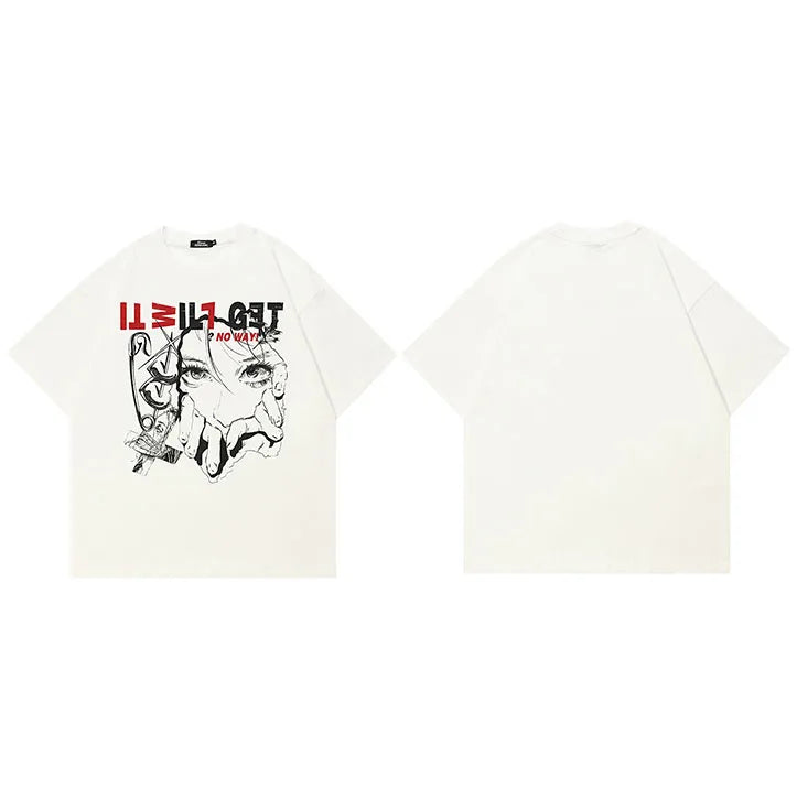 Aesthetic Y2K White Anime Cartoon Graphic T-Shirt — fabric close-up