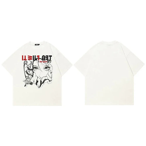 Aesthetic Y2K White Anime Cartoon Graphic T-Shirt — fabric close-up