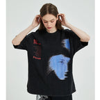 Vintage Blue Shadow Letter Graphic T-Shirt — front view