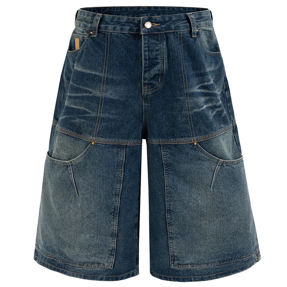 Vintage Blue Patchwork Denim Shorts — styling shot