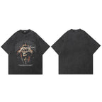 Goth Black Flame Skull Faded T-Shirt — fabric close-up