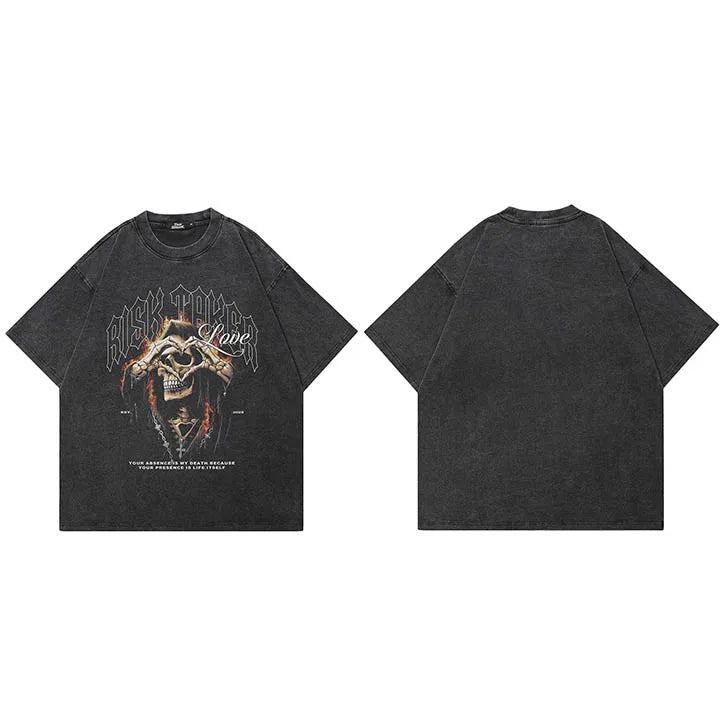 Goth Black Flame Skull Faded T-Shirt — fabric close-up