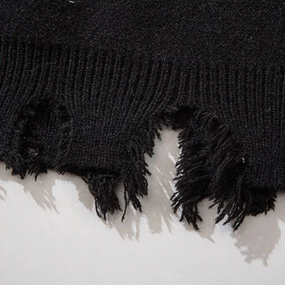 Goth Black Skull Ripped Knit Oversized Sweater — fabric close-up
