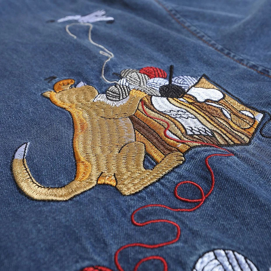Vintage Cat Embroidered Denim Loose Shirt — fit shot
