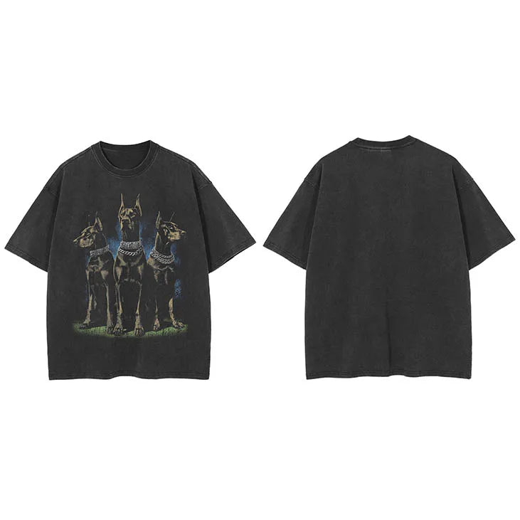 Graphic Black Doberman Dog Faded T-Shirt — fabric close-up