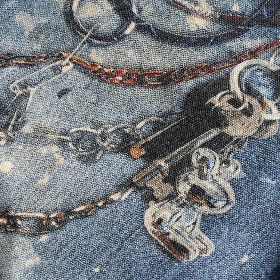 Vintage Blue Chain Graphic Loose Denim Shorts — fit shot