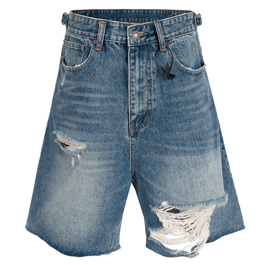 Blue Ripped Wide Leg Denim Shorts — fabric close-up