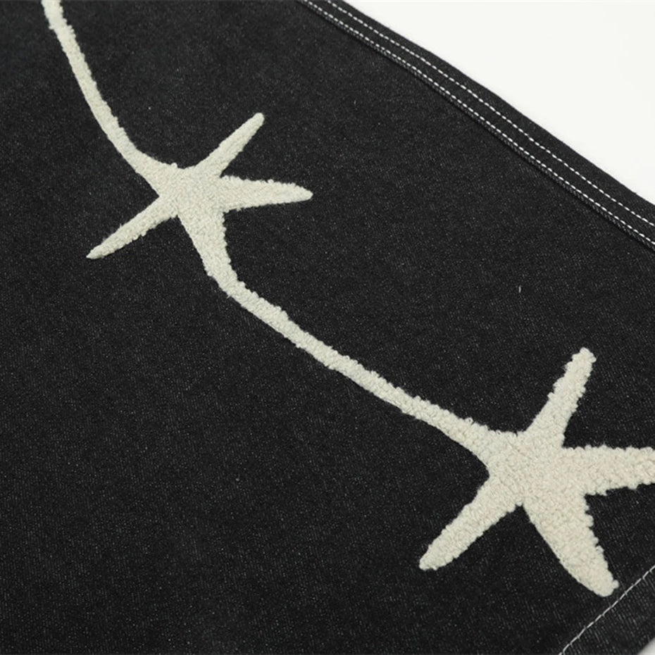 Black Star Embroidered Loose Denim Shorts — fit shot