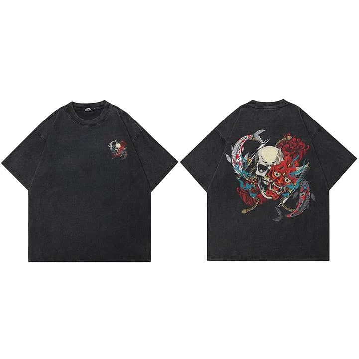 Retro Black Mask Skull Washed T-Shirt — fabric close-up