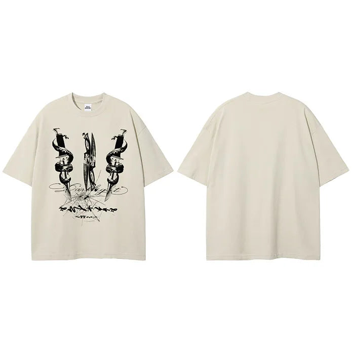 Punk Black Dark Snake Graphic T-Shirt — fabric close-up