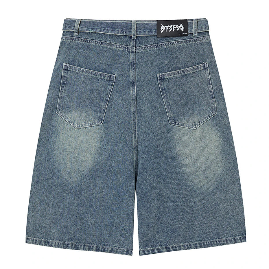 Net Vintage Patchwork Loose Denim Shorts — front view