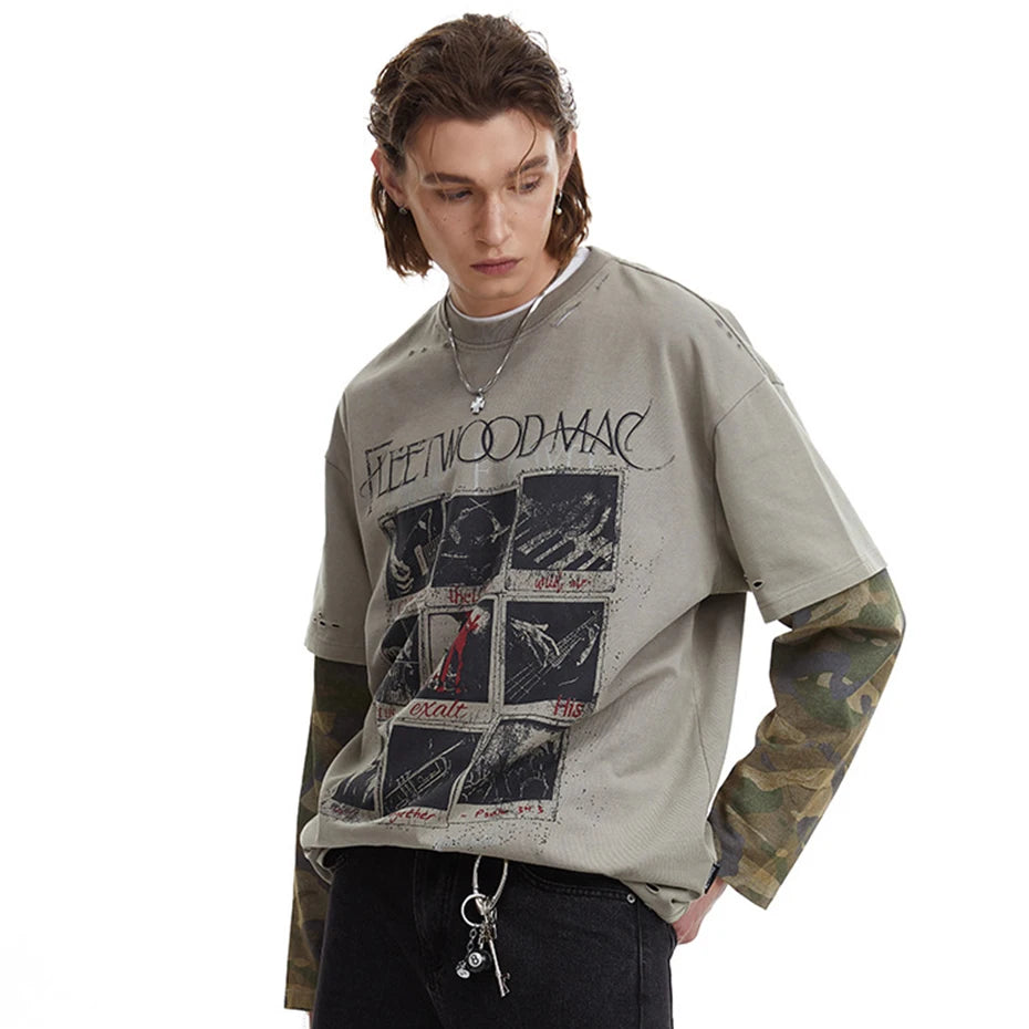 Vintage Camouflage Patchwork Oversized Long Sleeve Tee — fit shot