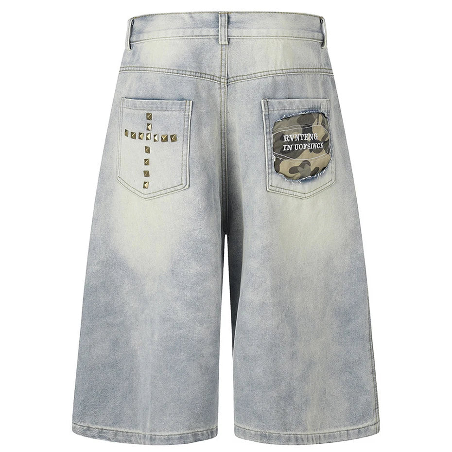 Vintage Cross Loose Denim Shorts — front view