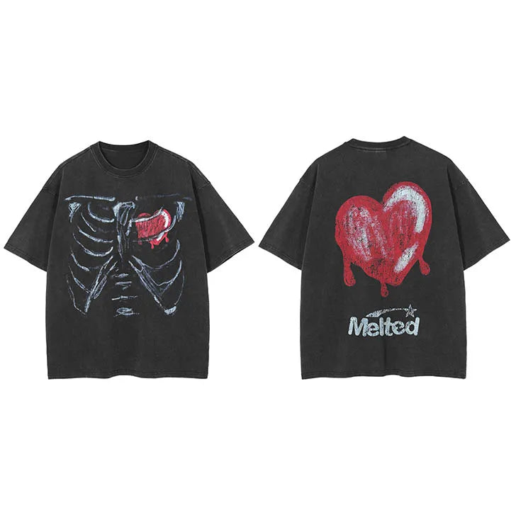 Black Heart Skeleton Faded T-Shirt — fabric close-up