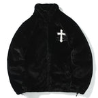 Black Cross Embroidered Fleece Oversized Coat — front view