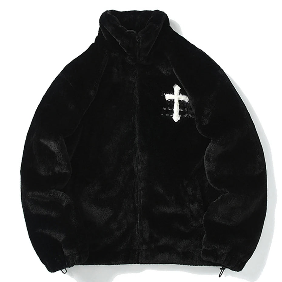 Black Cross Embroidered Fleece Oversized Coat — front view