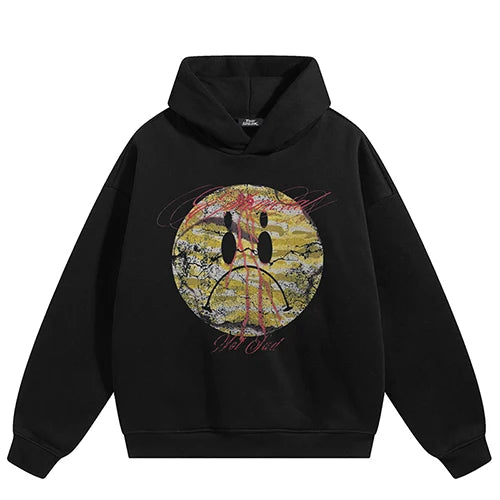 Vintage Black Graffiti Sad Face Graphic Hoodie — fabric close-up