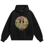 Vintage Black Graffiti Sad Face Graphic Hoodie — fabric close-up