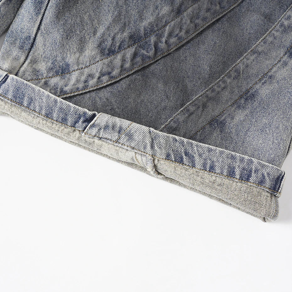 Black Vintage Blue Patchwork Loose Denim Shorts — fabric close-up