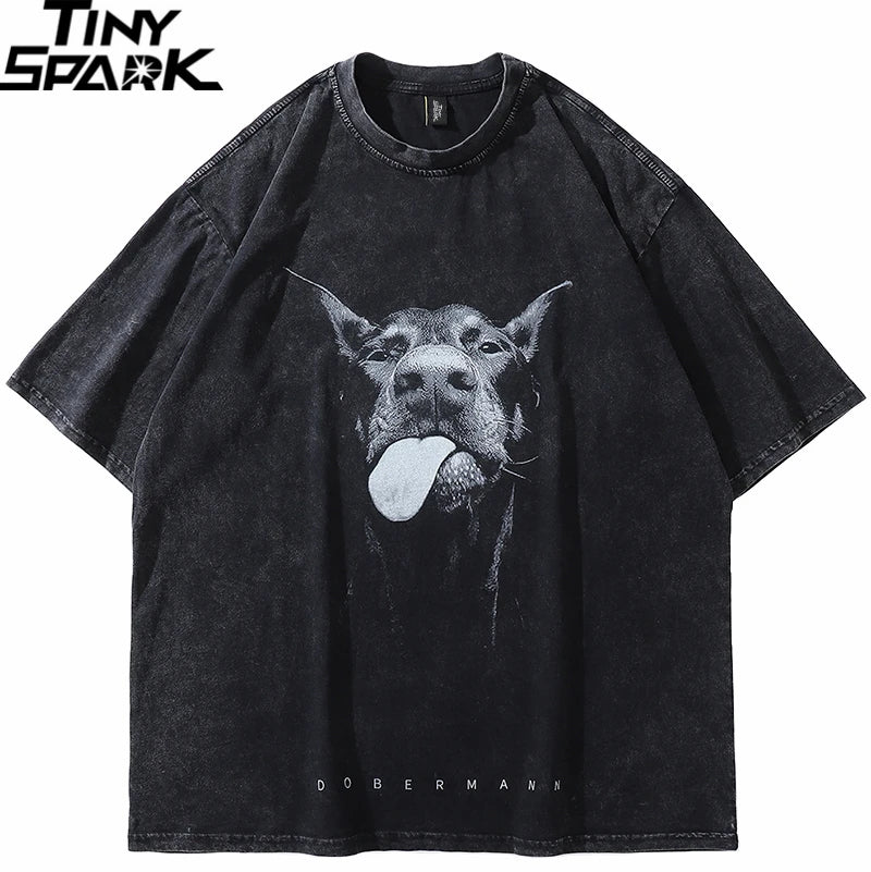 Vintage Black Doberman Dog Graphic Oversized T-Shirt — front view