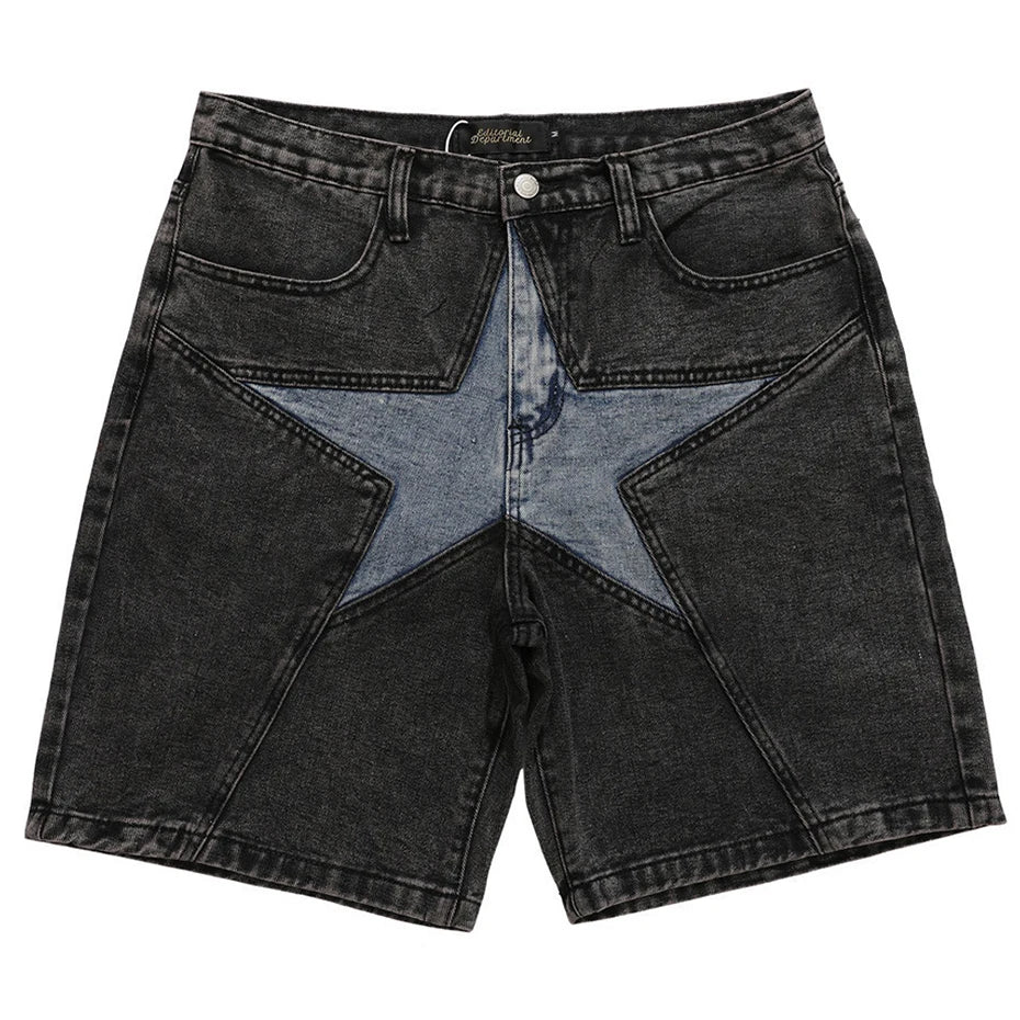 Blue Patchwork Oversized Denim Shorts — back view