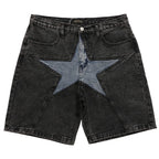 Blue Patchwork Oversized Denim Shorts — back view