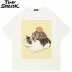 Y2K Beige Cats Cartoon Graphic T-Shirt — front view