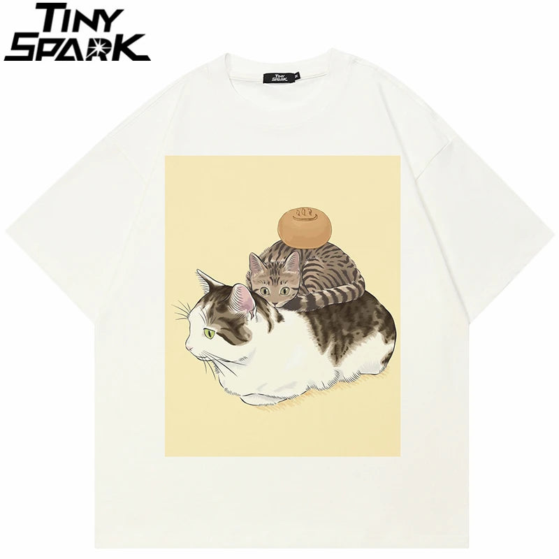 Y2K Beige Cats Cartoon Graphic T-Shirt — front view