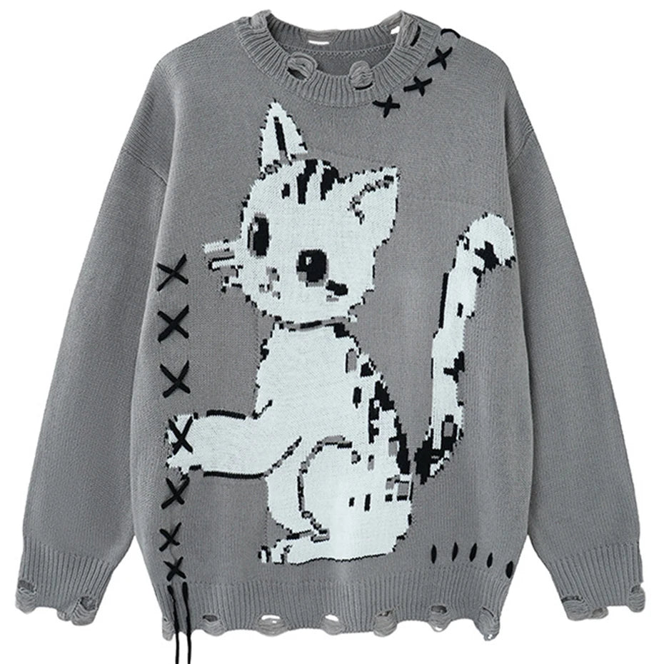 Funny Y2K Cat Knit Oversized Sweater — back view