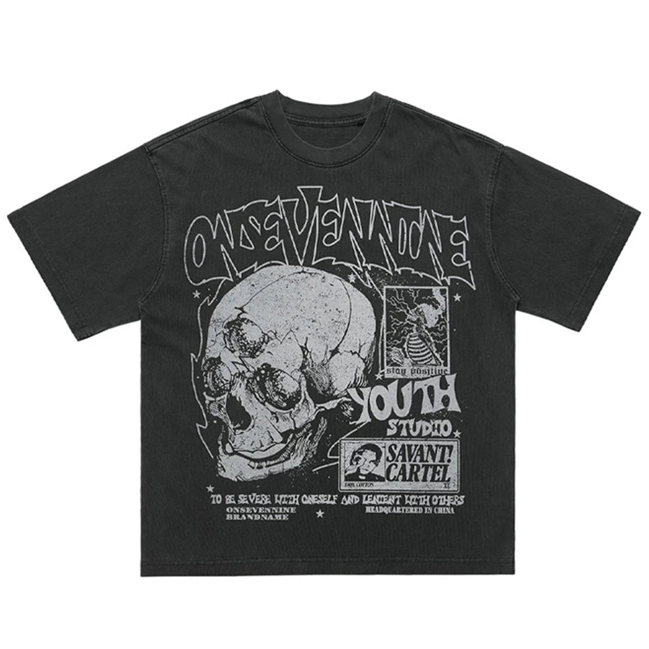 Vintage Skull Washed Oversized T-Shirt — fabric close-up