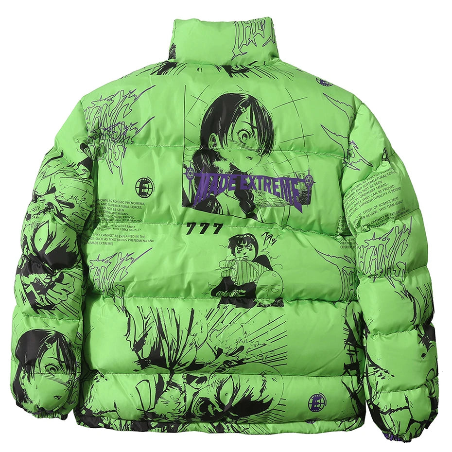 Y2K Black Anime Print Loose Puffer Jacket — back view