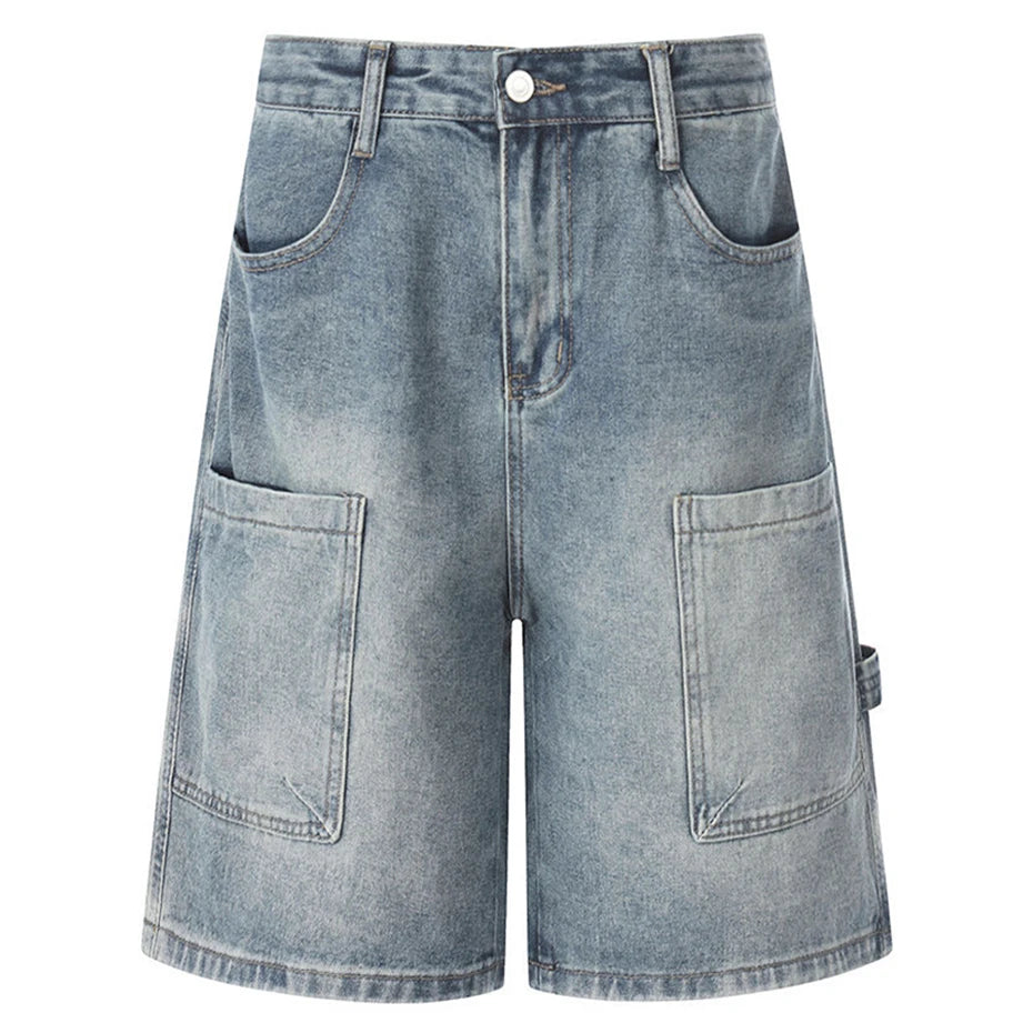 Vintage Blue Patchwork Loose Denim Shorts — styling shot