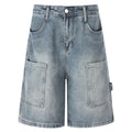 Vintage Blue Patchwork Loose Denim Shorts — styling shot