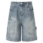 Vintage Blue Patchwork Loose Denim Shorts — styling shot
